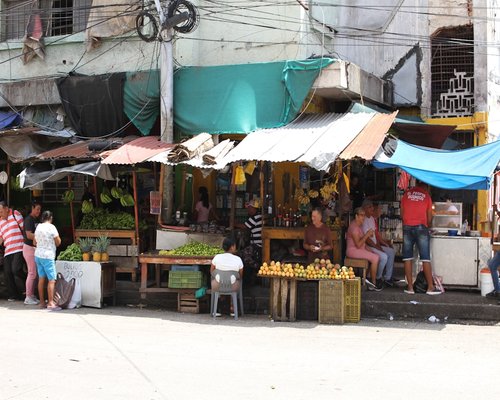 An outdoor dynamic local market market stand in Colombia filled with green avocados and fresh vegetables